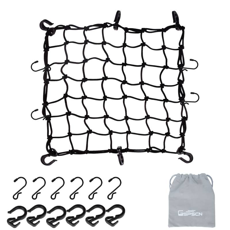 GSPSCN Gepäcknetz Motorrad 40x40 cm, Latex Heavy Duty Bungee Cord Netz dehnt Sich zu 120x120 cm, dicken Gepäck Netz mit 6x6 cm Mesh&12 Haken für Motorrad, Fahrrad, ATV von GSPSCN