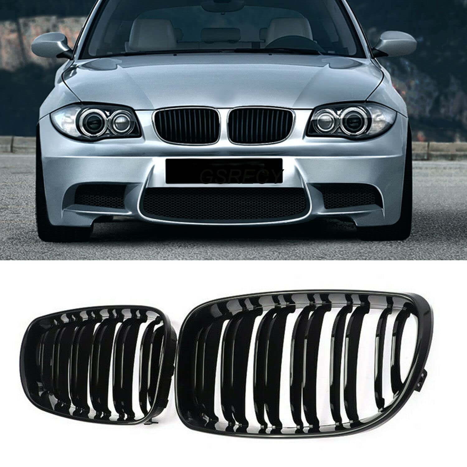 GSRECY Kühlergrill mit zwei Lamellen, für die Frontstoßstange, Nierengrill, kompatibel mit BMW 2007–2013, 1er-Serie, E81, E82, E87, E88, Lci, Schwarz glänzend von GSRECY