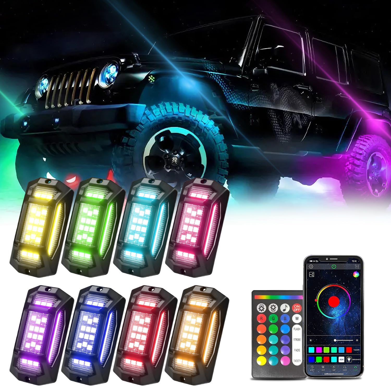 GSRECY RGB Felslichter mit hoher Leistung für Radschacht mit App/Fernbedienung/Musikmodus, kompatibel mit Lorries Off Road SUV ATV UTV Trailer Boat (8 Pods) von GSRECY