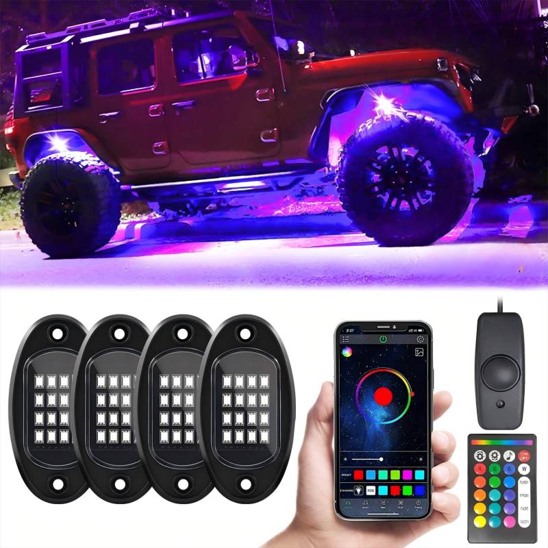 GSRECY RGB LED Rock Lights Kit mit APP/Fernbedienung/Musikmodus, High Power Multicolor Neon Underglow Wheel Light Kompatibel mit Lastwagen Anhänger Boot SUV Off Road ATV UTV RZR (4 Pods) von GSRECY