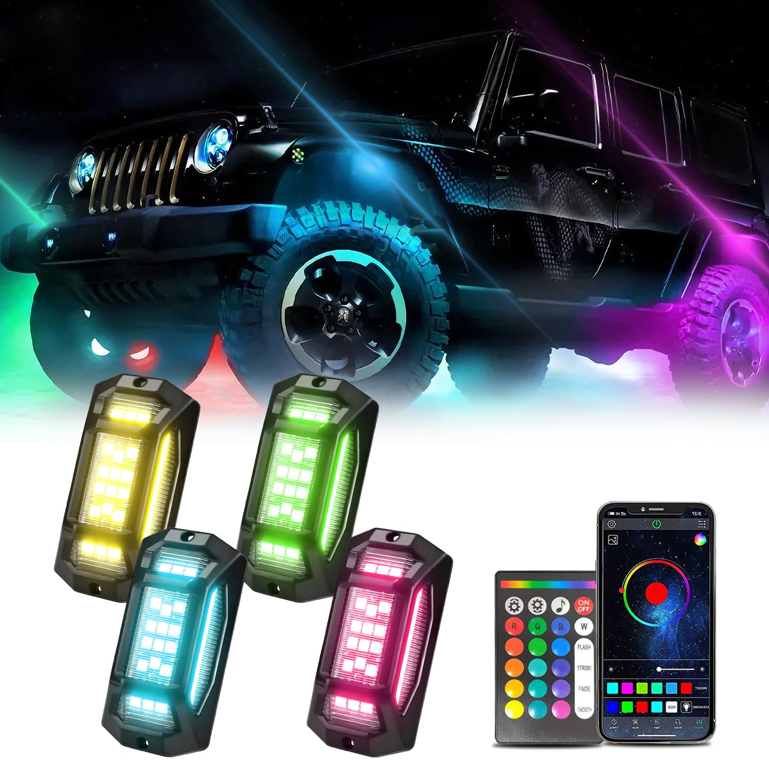 GSRECY RGB Rock Lights Wireless High Power Under Glow Light Radkastenleuchten mit App/Fernbedienung/Musikmodus Kompatibel mit Jeep LKWs Off Road SUV ATV UTV Trailer Boot (4 Pods) von GSRECY