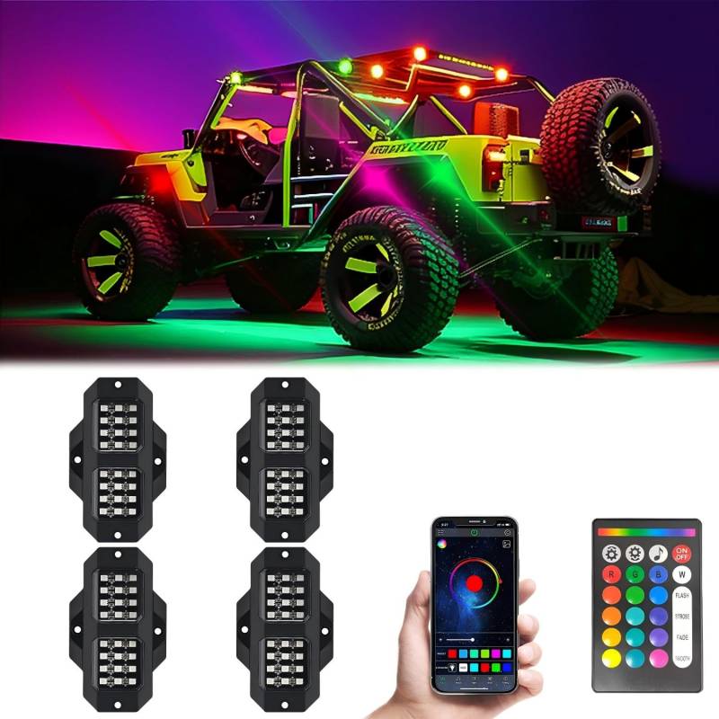 GSRECY RGBW Rock Lights Kits App/Fernbedienung/Musikmodus Multicolor Underglow Light Wheel Lights mit Kompatibel mit Lastwagen Off Road SUV ATV UTV RZR Trailer Motorrad Boot (4 Pods) von GSRECY