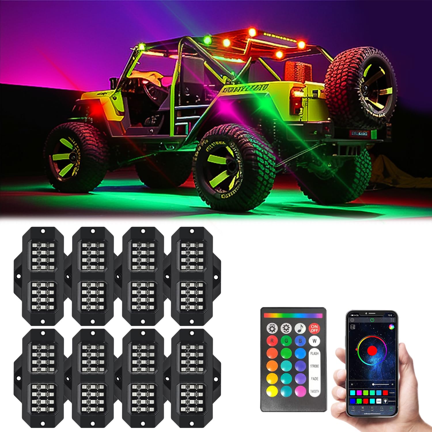 GSRECY RGBW Rock Lights Kits App/Fernbedienung/Musikmodus Multicolor Underglow Light Wheel Lights mit Kompatibel mit Lastwagen Off Road SUV ATV UTV RZR Trailer Motorrad Boot (8 Pods) von GSRECY