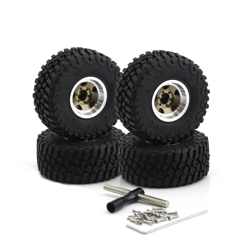 GTFRUQAS RC Ersatzteile Für Axial 1/24 Für SCX24 Für FMS Für FCX24 Für Enduro24 AX24 W1049-T1007 RC Mud Terrain Reifen 1,0 Beadlock Felgen Set RC Crawler Auto Teile(Silver) von GTFRUQAS