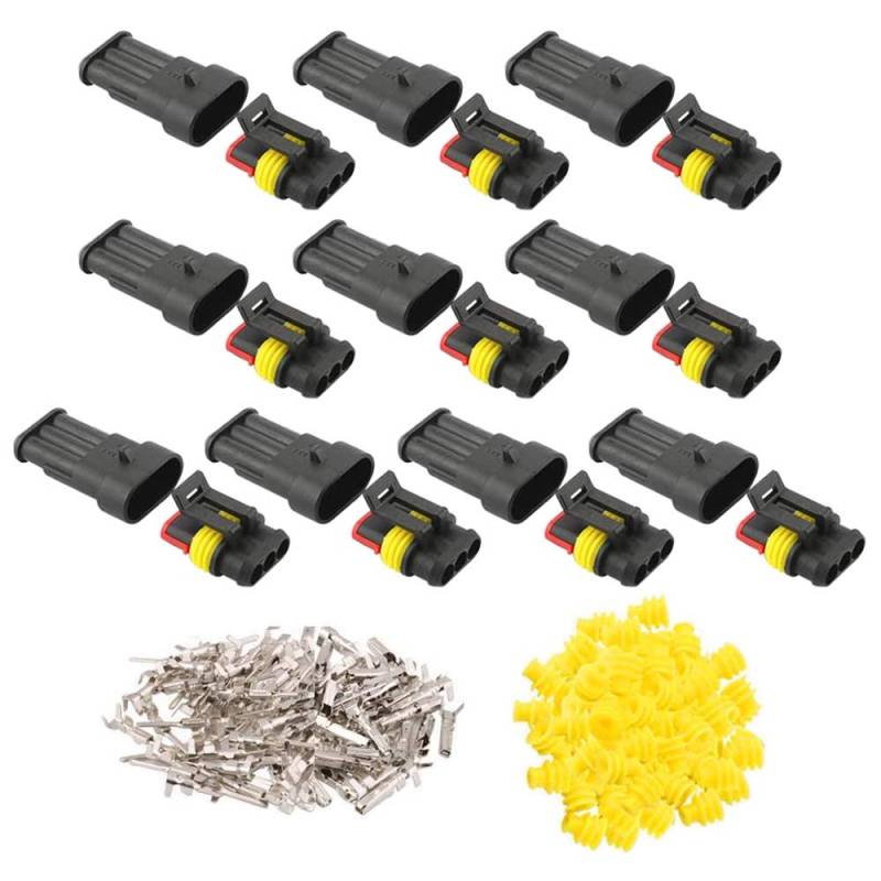 GTIWUNG 10 tlg 3 polig Stecker Steckverbinder Wasserdicht, Steckdose Set für KFZ, Auto Elektrischer Anschluss Stecker (3 Polig Gelbes Siegel) von GTIWUNG