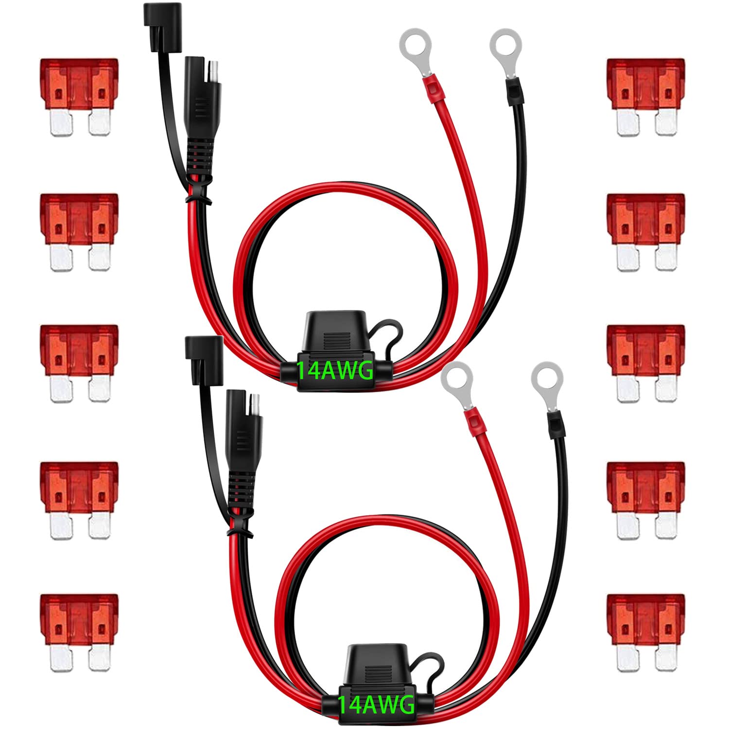 GTIWUNG 2 Stück 2FT SAE Kabel 14AWG, SAE-O-Ring Anschlusskabel mit 10A Sicherung Batterieladekabel, 2Pin Schnelltrenn Verlängerungskabel, Schnellkupplung Trennstecker sae für Motorradfahrzeuge von GTIWUNG