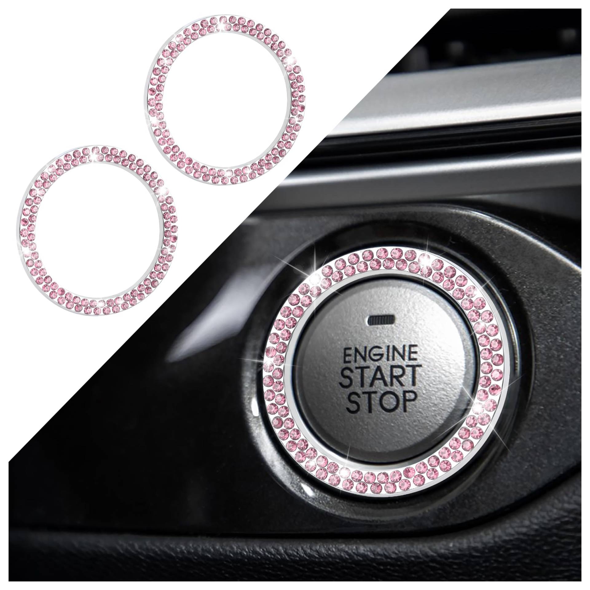 2 Stücke Auto Start Stop Knopf Abdeckung,Zink-Legierung Strass Auto Startknopf Abdeckung Auto Deko Innenraum,Universal Abdeckung Startknopf Auto Zubehör Innenraum für Frauen Männer (Rosa) von GTLM