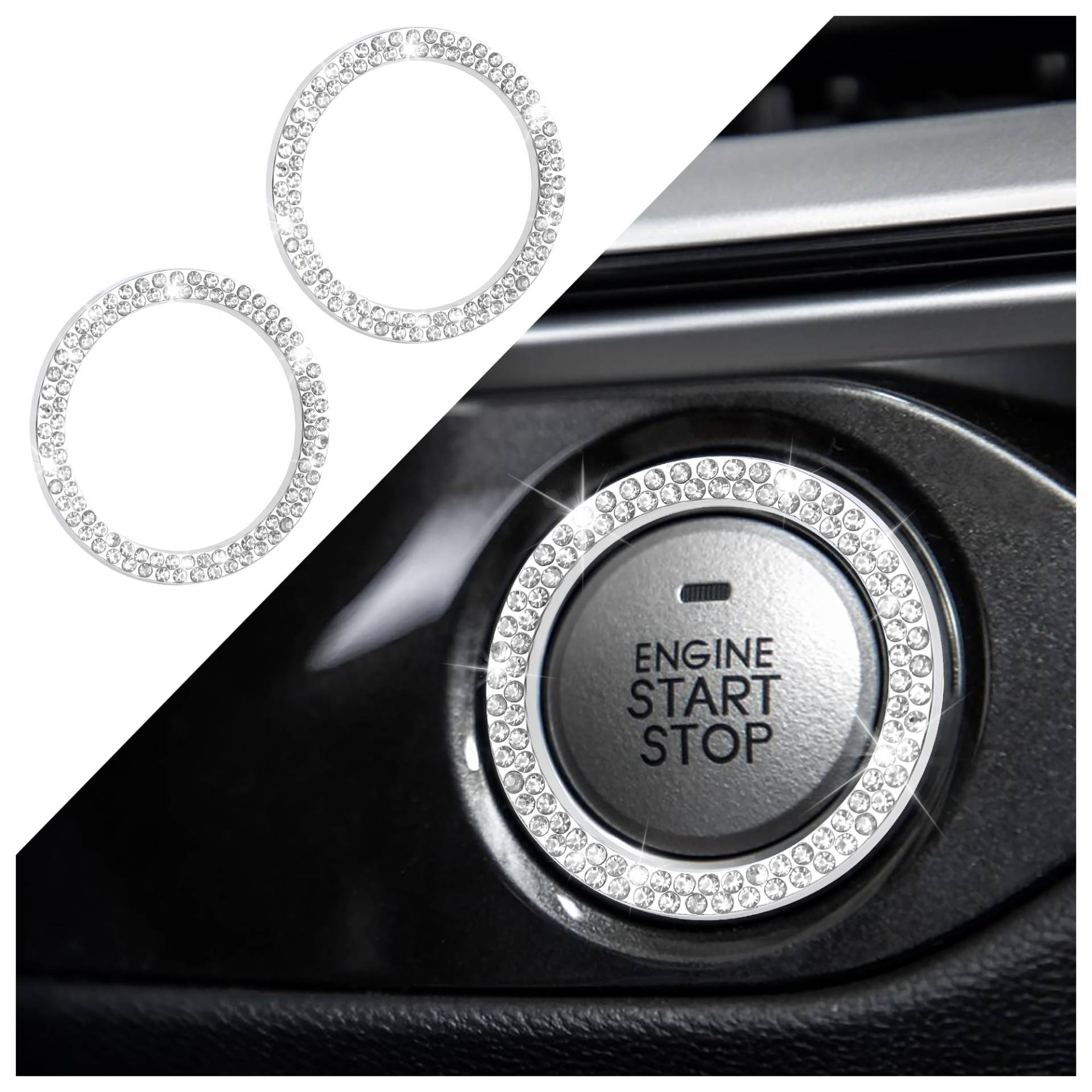 2 Stücke Auto Start Stop Knopf Abdeckung,Zink-Legierung Strass Auto Startknopf Abdeckung Auto Deko Innenraum,Universal Abdeckung Startknopf Auto Zubehör Innenraum für Frauen Männer (Weiß) von GTLM