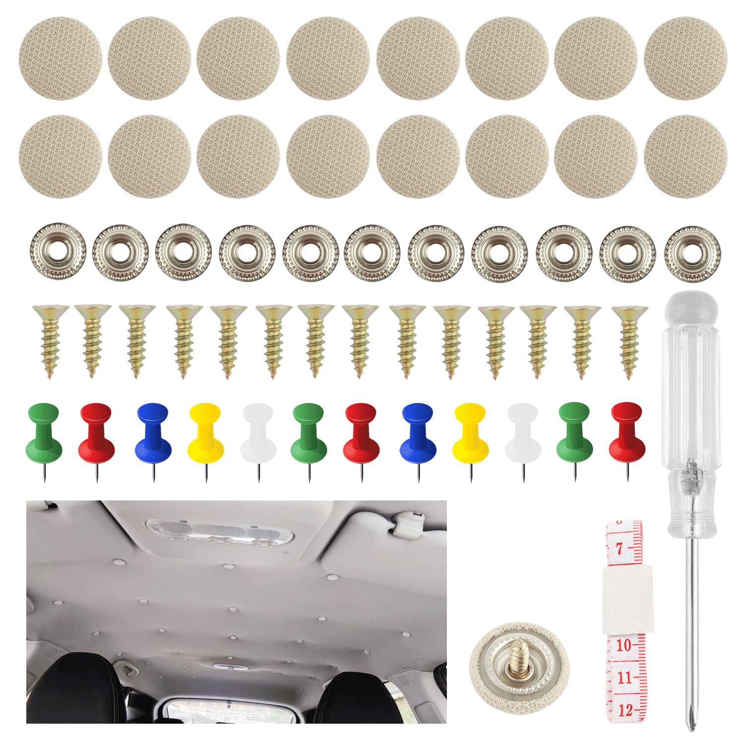 80 Teiliges Dachhimmel Reparatur Set,Auto Dachhimmel Reparatur Set zum Reparieren von Rissen und Ablösungen,Cabrio Verdeck Reparatur Set Mit Stecknadeln und Schraubendreher (Beige) von GTLM