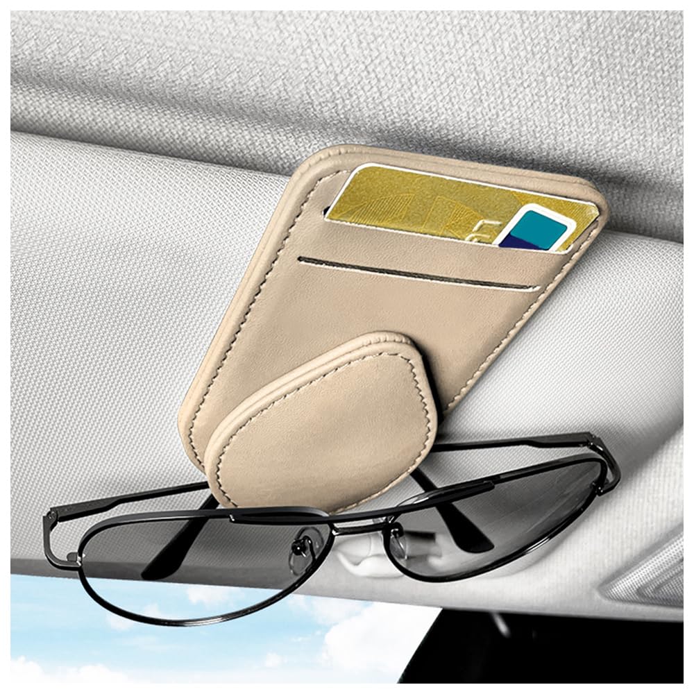 GTLM Magnetisch Brillenhalter für Auto,Leder Sonnenbrillenhalter Auto mit 2 Kartenfächern,Vielseitig Einsetzbar Auto Zubehör Innenraum für Die Aufbewahrung von Sonnenbrillen,Karten (Beige) von GTLM