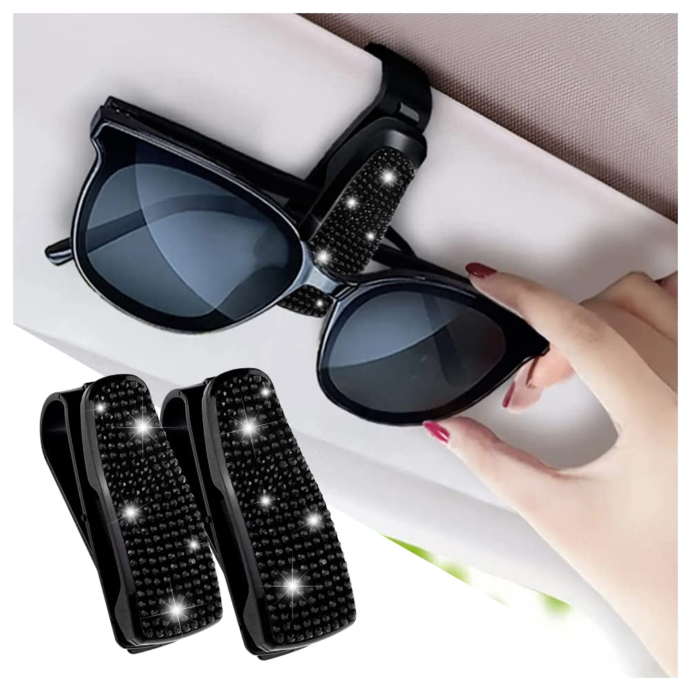 GTLM Set mit 2 Bling Strass Auto Sonnenblende Brillenhalter mit Anti-Kratz Schwamm,Ticket Karten Clip Sonnenblende Organizer&Aufbewahrung,Universelle Strass Auto Zubehör Innenraum (Schwarz) von GTLM