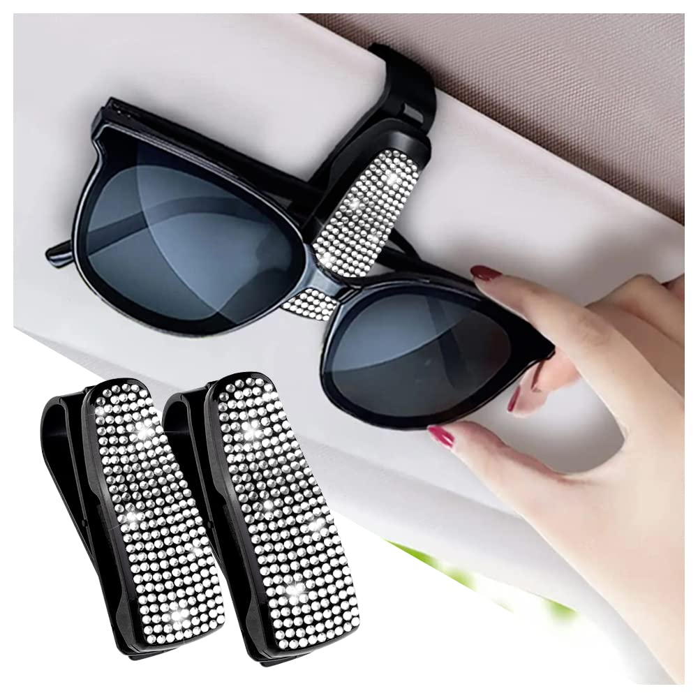 GTLM Set mit 2 Bling Strass Auto Sonnenblende Brillenhalter mit Anti-Kratz Schwamm,Ticket Karten Clip Sonnenblende Organizer&Aufbewahrung,Universelle Strass Auto Zubehör Innenraum (Weiß) von GTLM