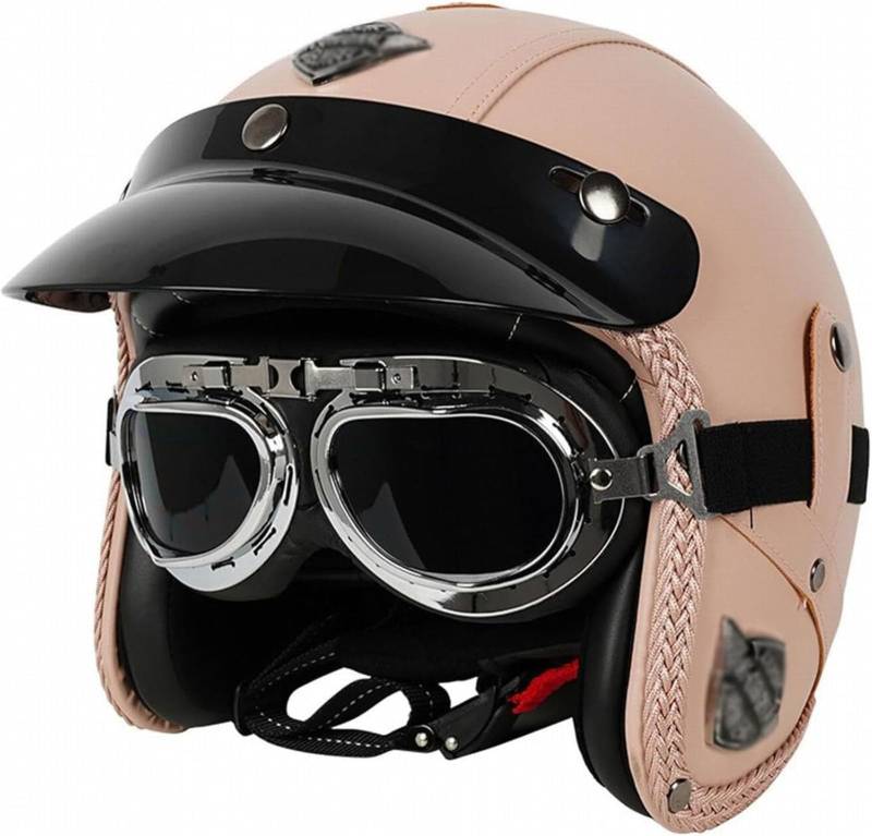 GTTZTHEB Chopper Helm Mit ECE Genehmigt Frauen Mofa Helm Halbhelme Motorradhelm Halbschalenhelm Mit Fahrradbrille Fahrradvisier Halbschale Roller-Helm Moped Helm Retro von GTTZTHEB