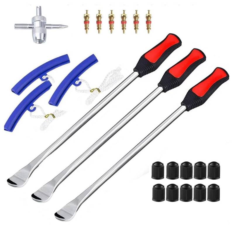 GUDECIUS Reifenheber Fahrrad Montiereisen 3pcs Reifenheber Montierhebel Werkzeug mit 3pcs Felgenschutz Protektoren Tool Kit 10 Reifenventilkappen Reparaturwerkzeuge für Motorrad und Fahrrad von GUDECIUS