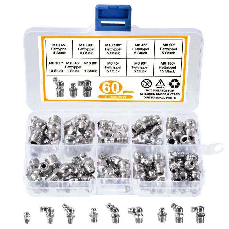 GUNGY 60 Stück Schmiernippel Sortiment Kegelschmiernippel für Schmierpressen Fettnippel M6 M8 M10 Metrisch Abschmiernippel 45° 90° 180° mit Aufbewahrungsbox von GUNGY