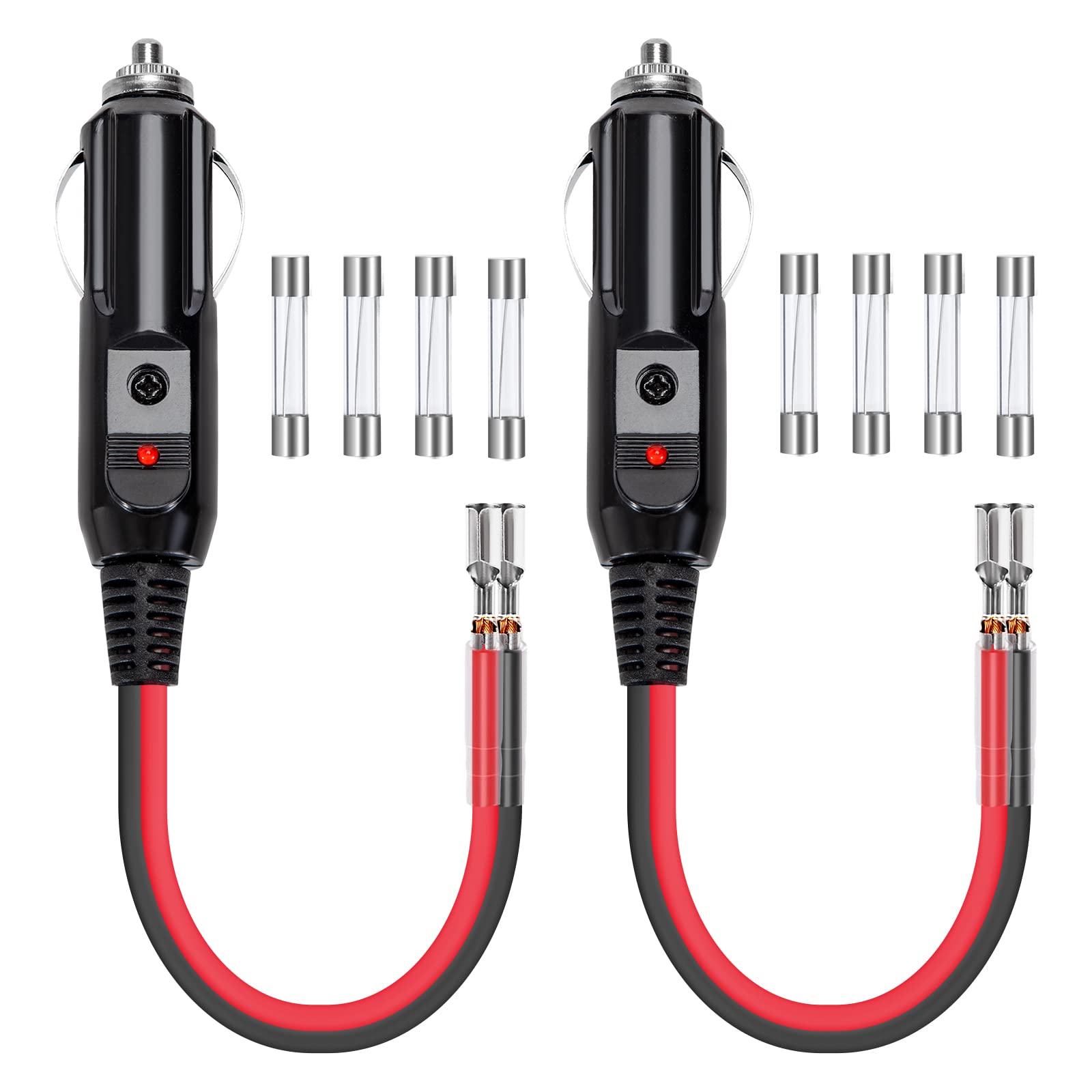 Zigarettenanzünder Stecker 12V/24V Autostecker mit Rote LED-Licht 16AWG 10cm Verlängerungskabel mit 10A/15A Sicherung für KFZ LKW Ersetzt 2 Stück von GUNGY