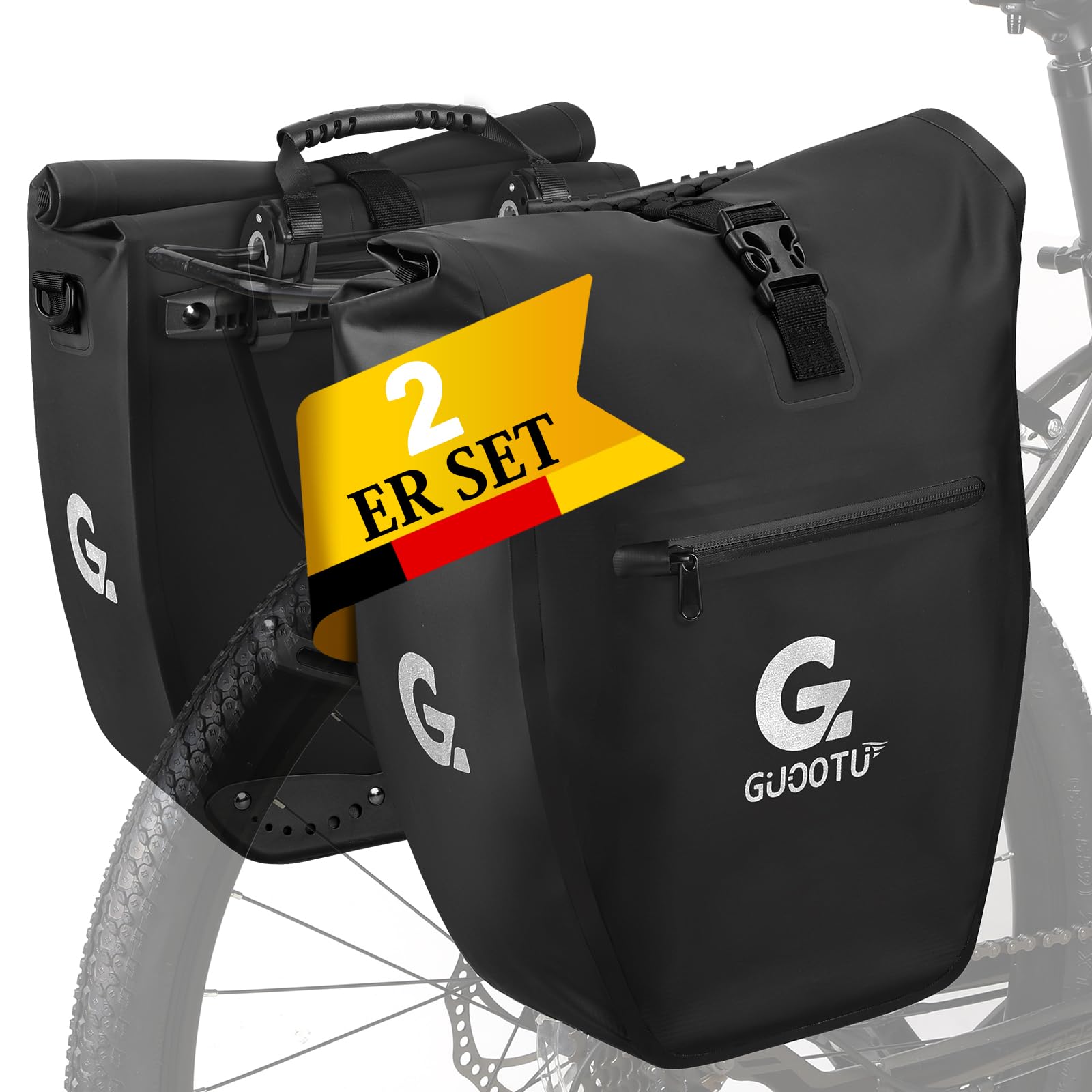 GUOOTU 2 Er Set Fahrradtasche für Gepäckträger 64L,aus Tarpaulin Hinten Gepäckträgertasche mit Reflektoren, mit Tragegriff und Schultergurt(Schwarz 32L, 2er Set) von GUOOTU