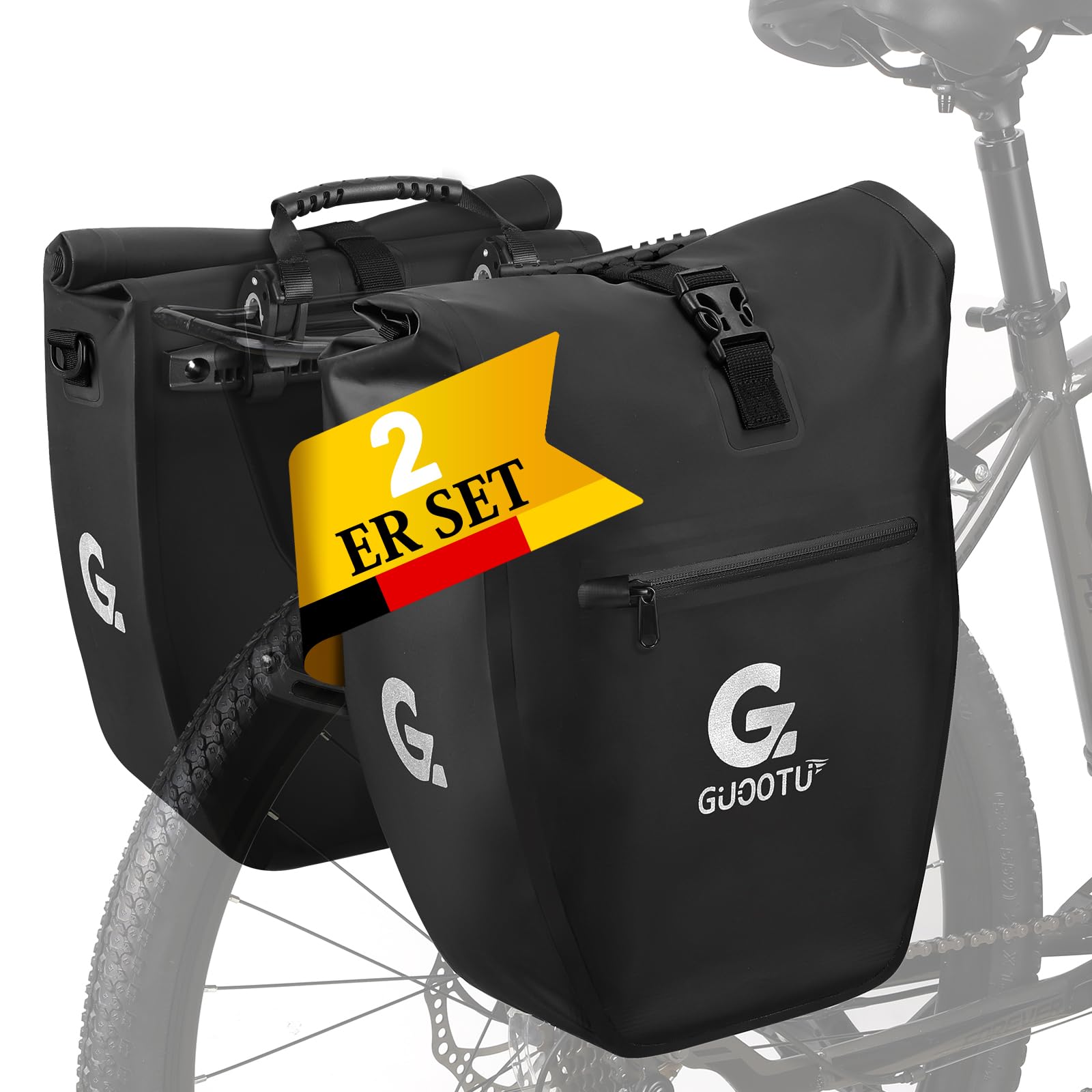 GUOOTU 2 Er Set Fahrradtasche für Gepäckträger 48L,aus Tarpaulin Hinten Gepäckträgertasche mit Reflektoren, mit Tragegriff und Schultergurt(Schwarz 24L, 2er Set) von GUOOTU