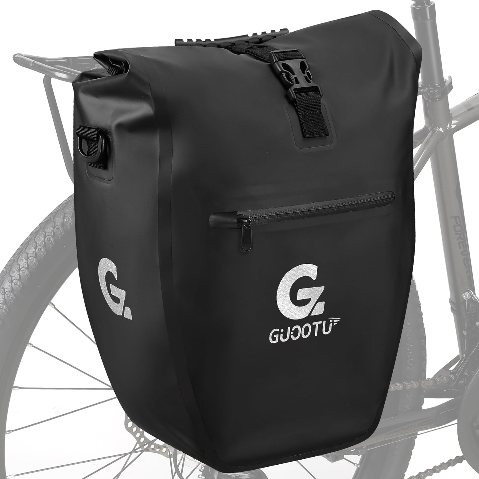 GUOOTU Fahrradtasche für Gepäckträger 32L,aus Tarpaulin Hinten Gepäckträgertasche mit Reflektoren, mit Tragegriff und Schultergurt (Schwarz 32L, Einzeln) von GUOOTU