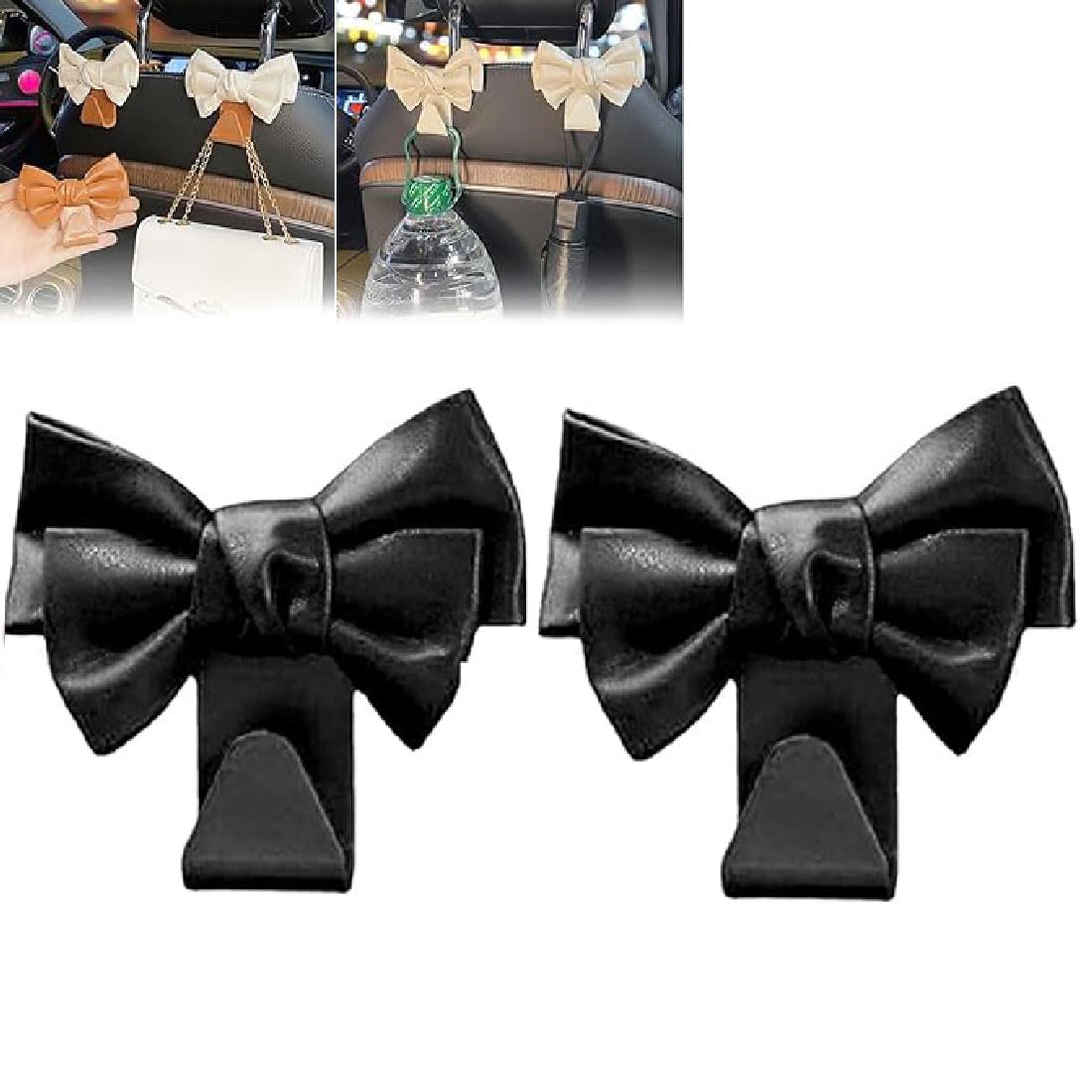 2 Stück Bowknot Design Car Seat Back Hooks, Schleife Handtaschenhaken für Auto, Bogen Autositz Kopfstützenhaken, Autositz Rücksitzhaken, Auto Lagerung Haken, Aufbewahrungshaken für Autositz (Schwarz) von GUSHE