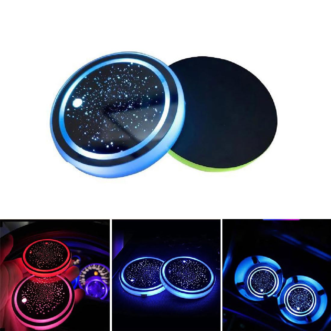 2 Stück Rechargeable 7 Color-Changing Light Up Cup Pad, LED Becherhalter Lichter, Intelligenter Licht Auto Untersetzer, Universelle LED Getränkehalterleuchten, USB Aufladung Getränkehalter Licht von GUSHE