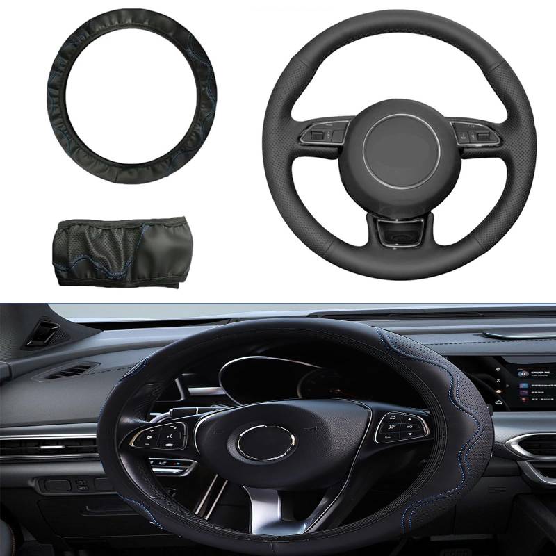 Auto Lenkradbezug für 37-38cm, Leder Lenkradhülle Universal Anti Rutsch Atmungsaktiv Elastizität Wheel Cover Geruch frei Lenkradbezug Lenkradschoner(Schwarz-Blau) von GUUFOO