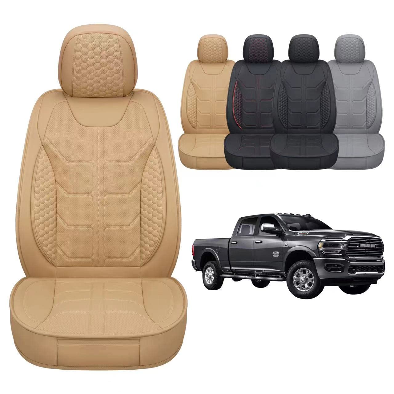 GXT Dodge RAM Vordersitzbezug passend für Select 2013-2021 Dodge RAM 1500 2500 3500 Pickup Truck, wasserdichter Autositzbezug und Kissen aus Kunstleder (Beige) von GXT