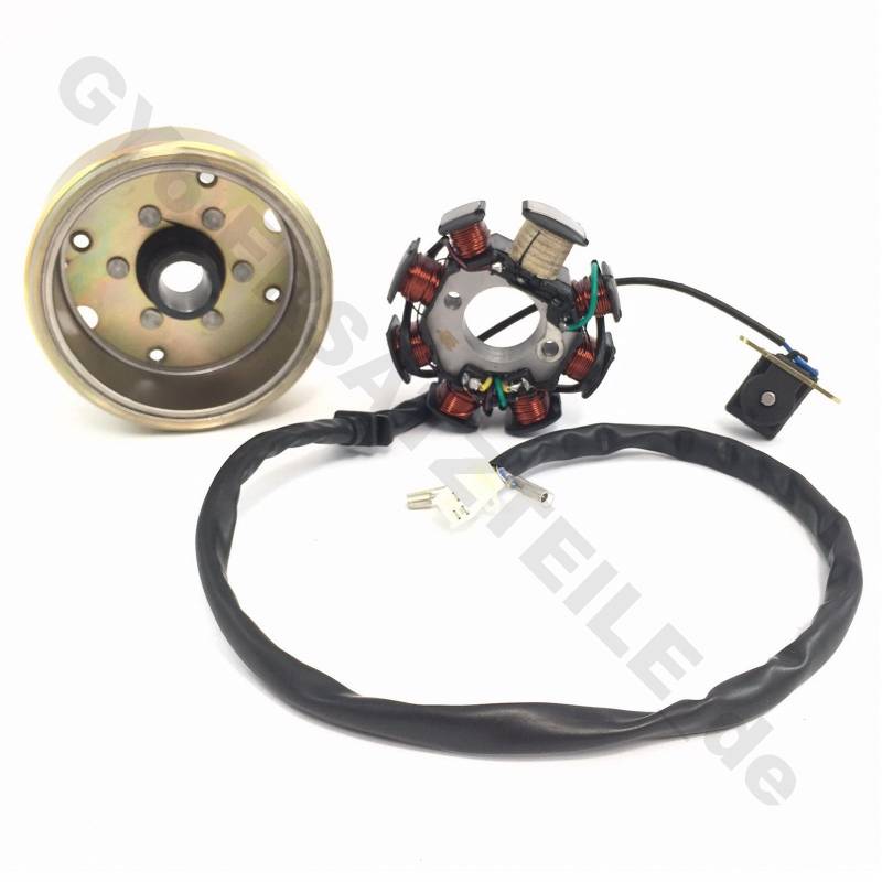 LiMA LICHTMASCHINE - STATOR & ROTOR KOMPLETT 8 SPULEN STATOR DC 125-150cc 4-TAKT 152QMI-157QMJ Motoren für REX JINAN QINGQI YIYING KYMCO JMSTAR BAOTIAN KREIDLER ERING SUKIDA HYOSUNG ZNEN ROLLER von GY6-Parts