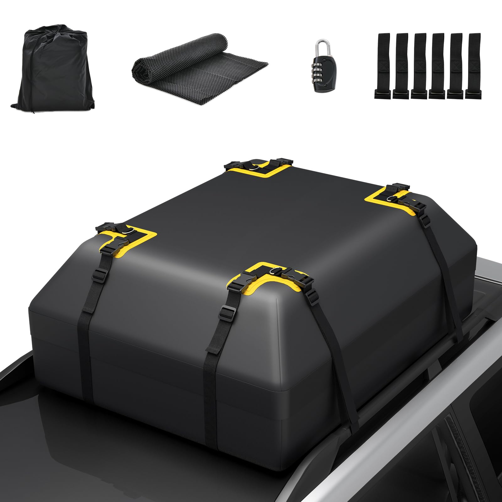 GYMAX Auto Dachbox, wasserdichte Dachtasche für Autos mit/ohne Gepäckträger, Dachkoffer mit Antirutschmatte & 6 Türhaken, Aufbewahrungsbox mit Kordelzugtasche & digitales Schloss (420 L,Schwarz) von GYMAX