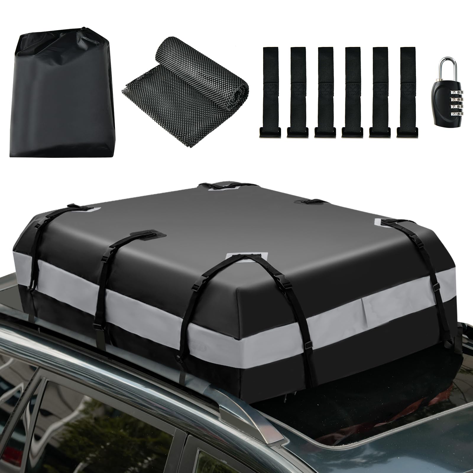 GYMAX Autodachtasche 424L, wasserdichtes Dachkoffer mit Tragetasche, Antirutschmatte & Zahlschluss, tragbare Aufbewahrungsbox für alle Autos mit/ohne Gepäckträger für Roadtrip (Grau) von GYMAX