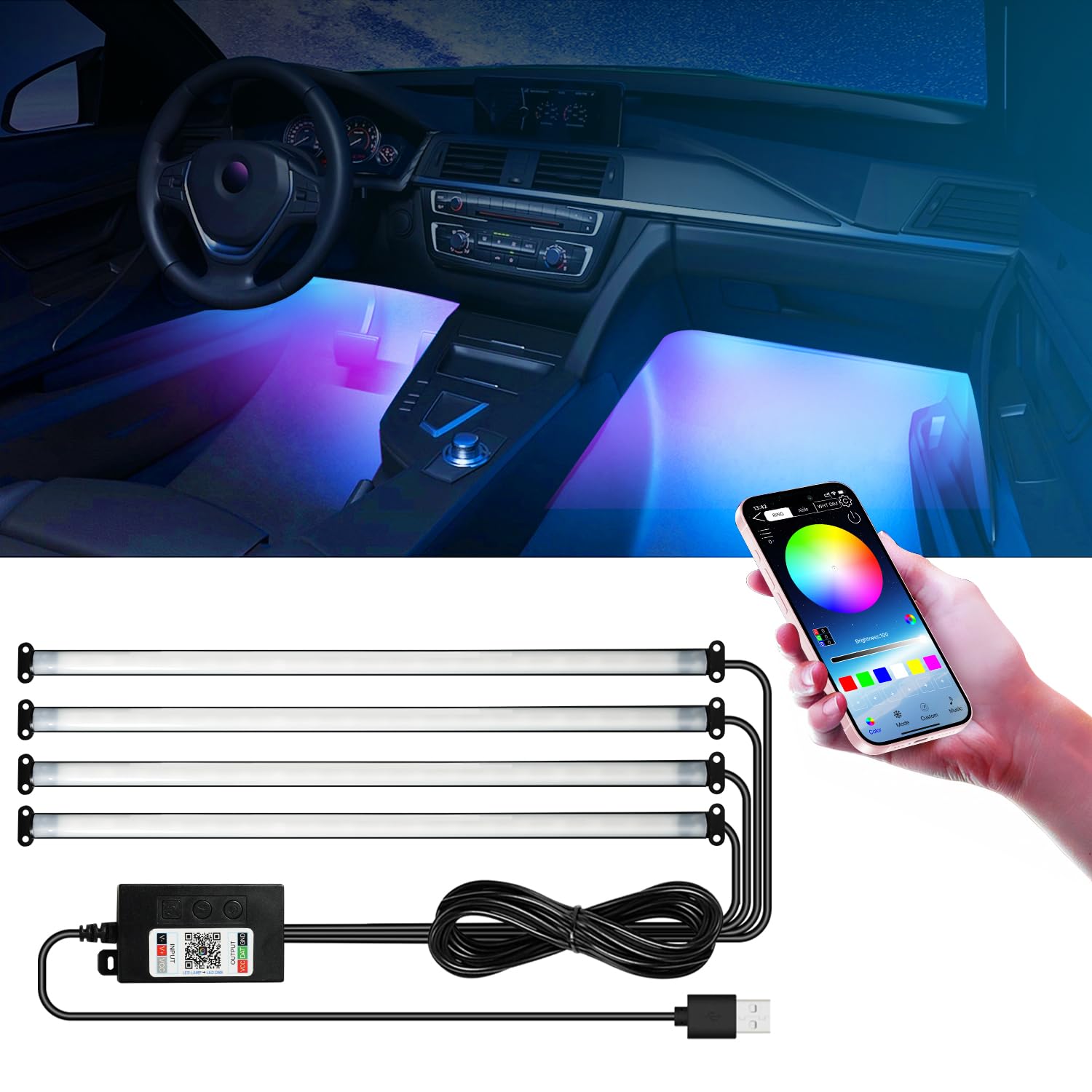 GZ5CG Auto Innenbeleuchtung Mehrfarbige Umgebungslichter 72SMD APP Steuerung Musik Sync 5V von GZ5CG