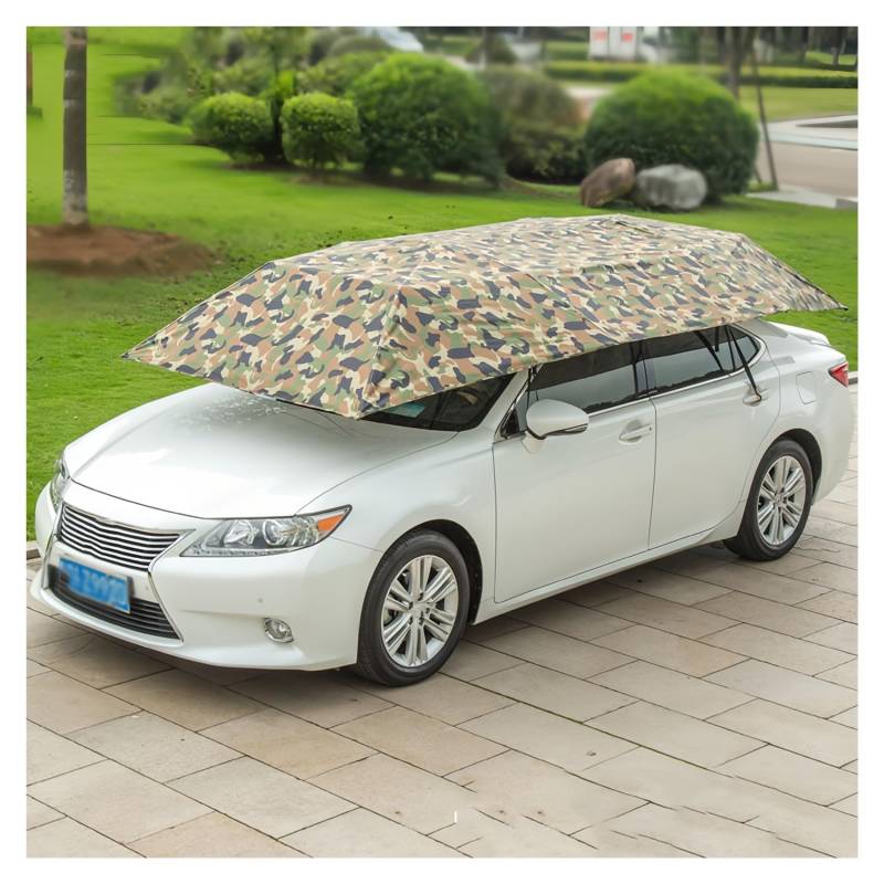 Auto-Regenschirm, Universelles Vollautomatisches Auto-Zelt Schutzdach, Tragbarer Sonnenschutz, Winddicht, Diebstahlschutz(Camouflage,420CM) von GZDXBF