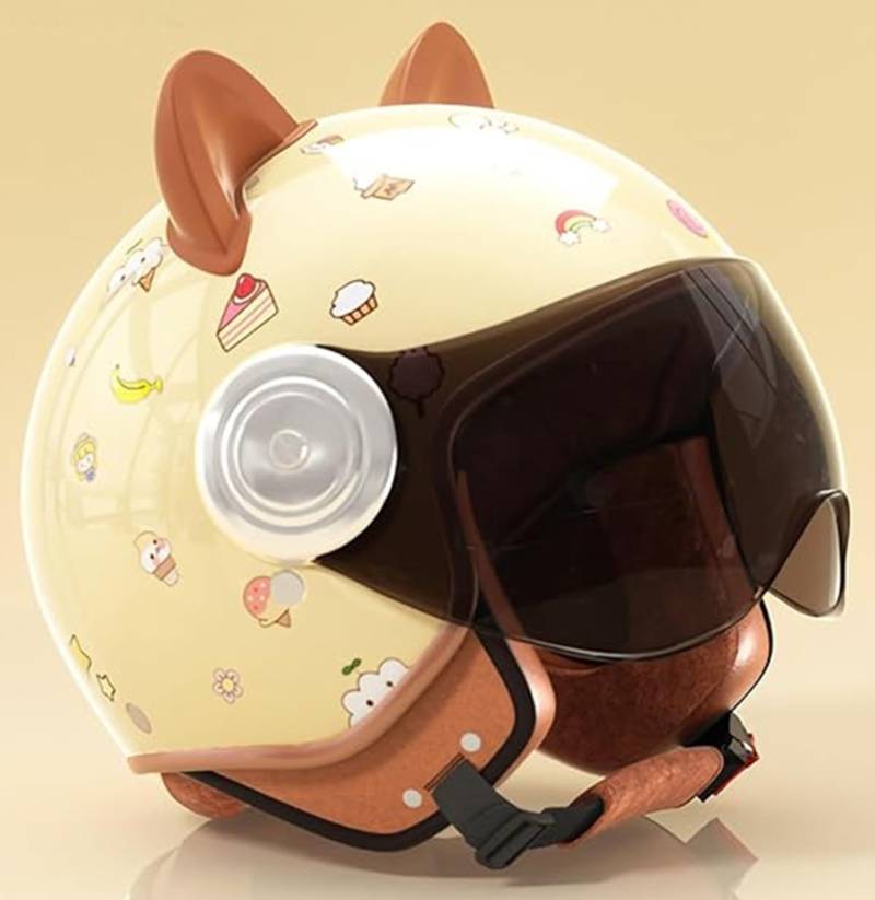 3/4 Kinder-Helm Mit Niedlichen Katzenohren, ECE-Zugelassener Kinder-Vintage-Motorrad-Open-Face-Vier-Jahreszeiten-Helme Für Jungen Und Mädchen, Jugend-Elektroroller-Reise-Sturzhelm D,48-58cm von GZEZHA