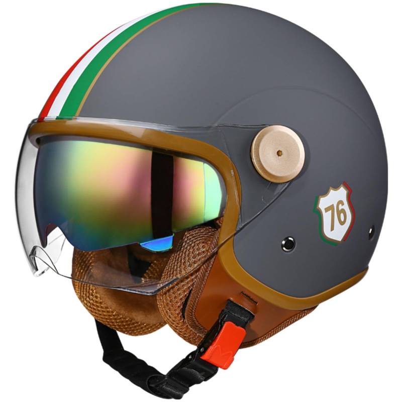 GZEZHA Motorradhelm Retro Halbhelm Helm ECE Zertifizierung Vespa, Moped,Klassisch Motorradhelm Erwachsene Damen Und Herren Mit Sonnenblende Halbschalenhelm Halbschale Jethelm B,55-62cm von GZEZHA