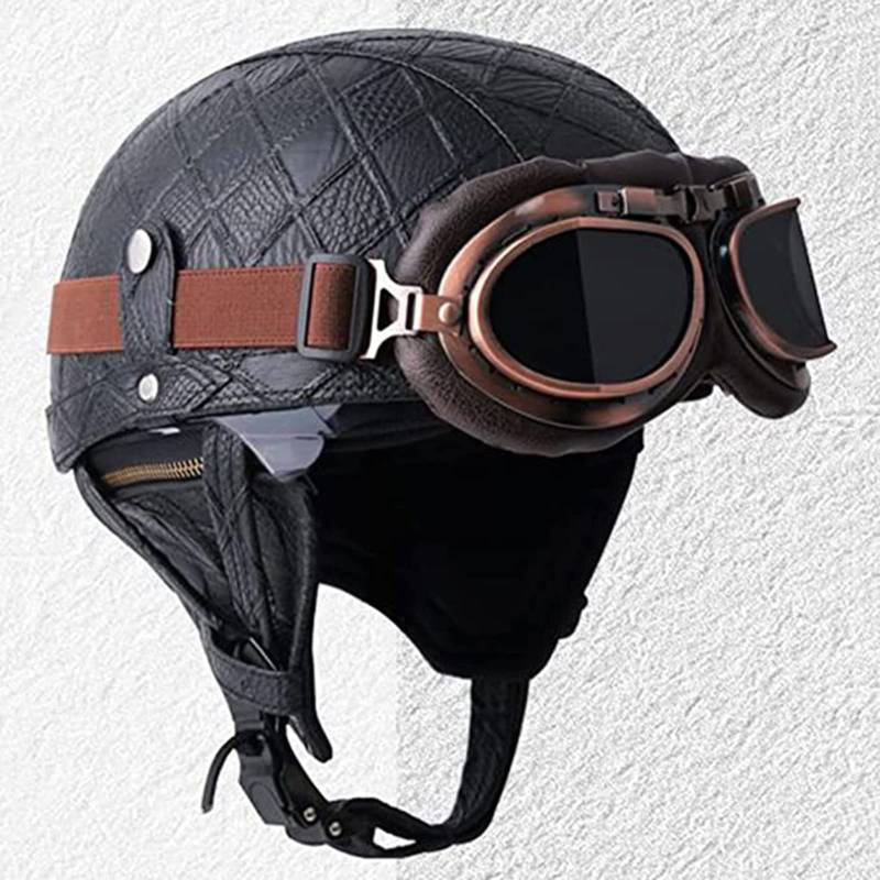 Vintage-Motorrad-Halbhelm Für Männer Und Frauen, ECE-Geprüfter Retro-Leder-Halbhelm Mit Brille Und Sonnenblende, Halbschalen-Motorradhelm Für Moped Cruiser Scooter A,S=(53-54cm) von GZEZHA