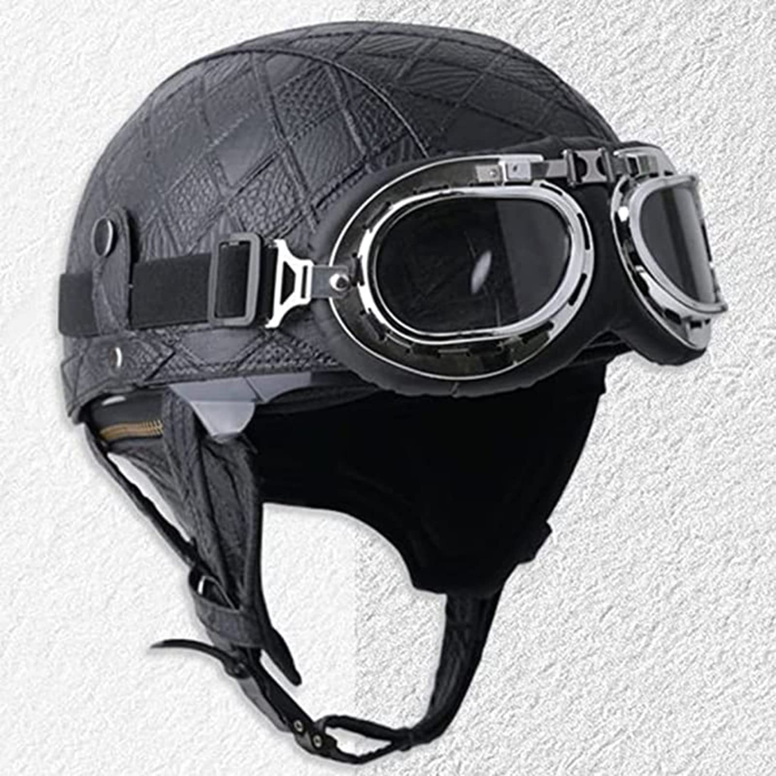 Vintage-Motorrad-Halbhelm Für Männer Und Frauen, ECE-Geprüfter Retro-Leder-Halbhelm Mit Brille Und Sonnenblende, Halbschalen-Motorradhelm Für Moped Cruiser Scooter C,S=(53-54cm) von GZEZHA