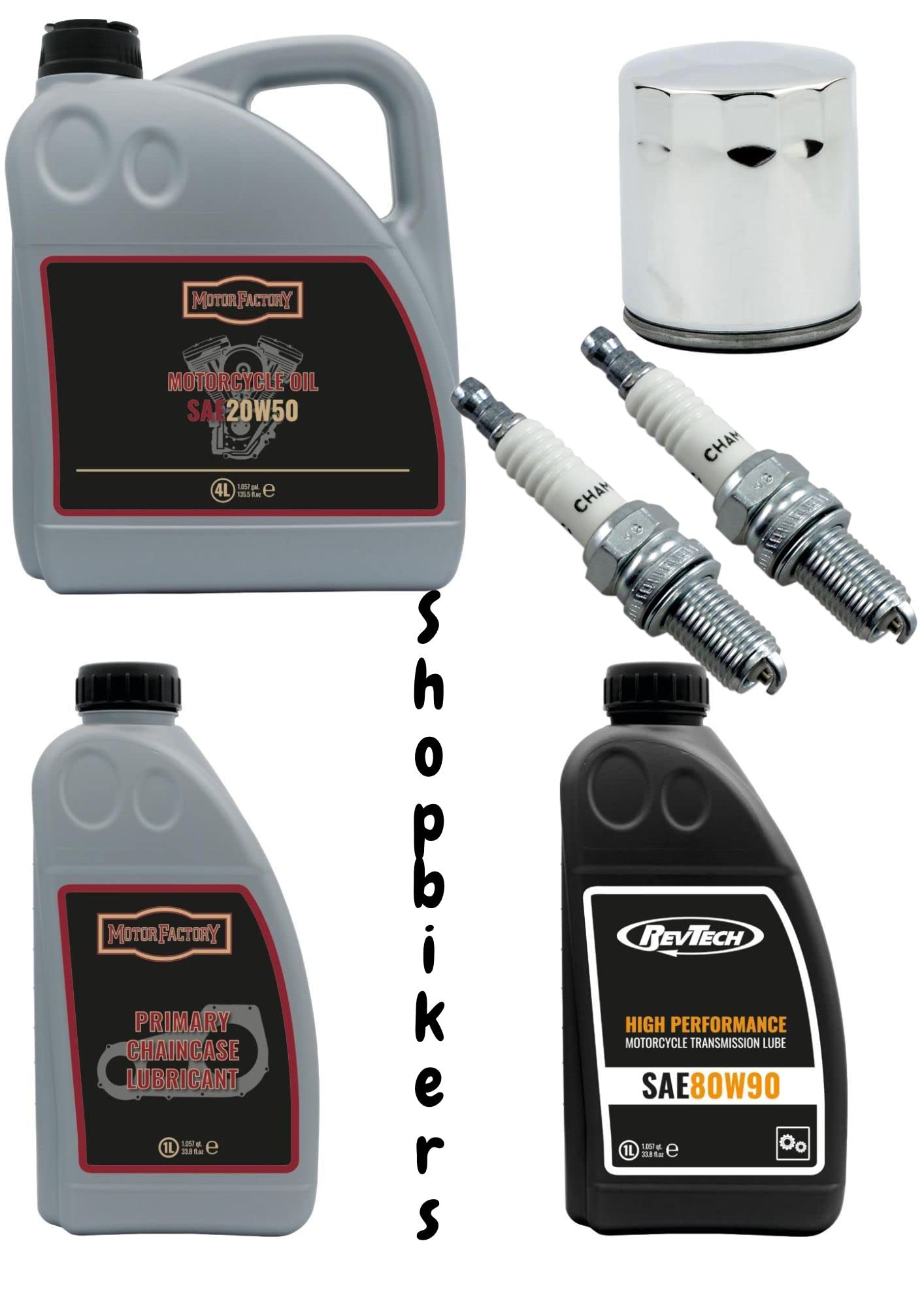 Wartungsset Mineralöl 20 W 50 Getriebe und Primäröl 2 Zündkerzen Accel Ölfilter Chrom für Harley Davidson Dyna Softail Touring von GZM