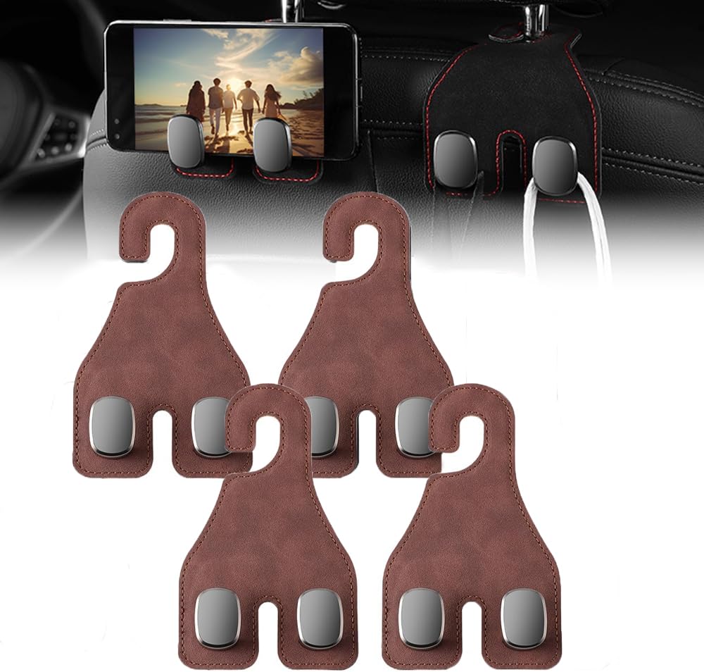 Autositz Doppelhaken für Kopfstütze, Auto Lagerung Haken, Auto Kopfstütze Haken Taschenhaken, Autositz Haken für Handtaschen, Universal Rücksitzhaken für Handtaschen und Geldbörsen (4PCS-Brown) von Gahwa