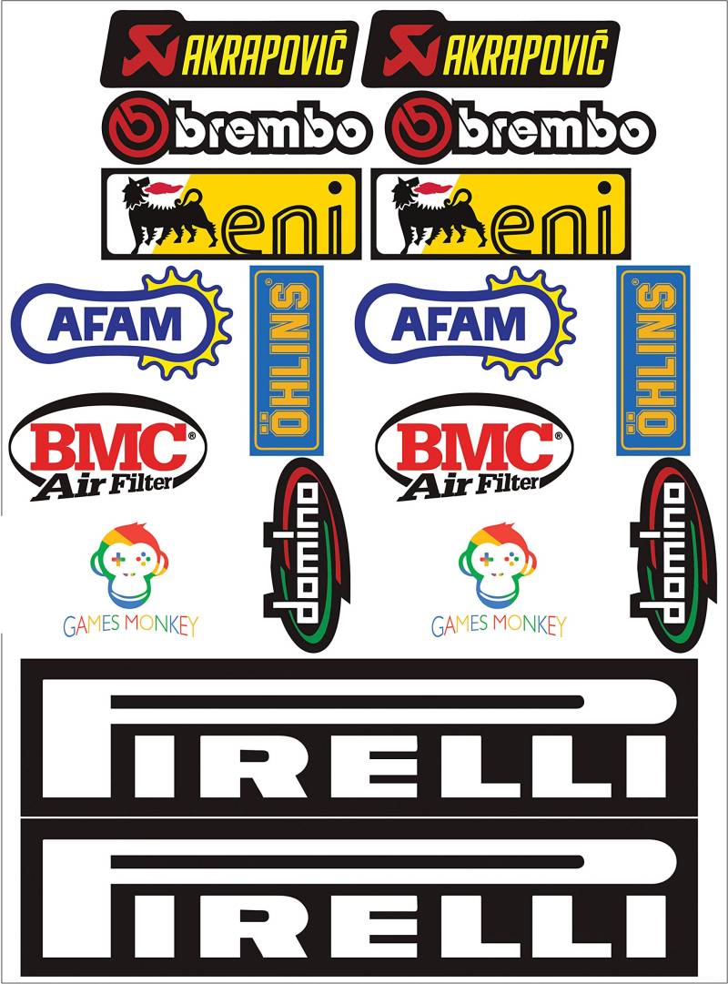 Aufkleber Moto Sponsor 18 Pz Sticker Moto-Cross Grafik Fahrrad MTB Computer Roller Kit Modellieren GLÄNZENDES Vinyl Berühmte Marken Pack von GamesMonkey