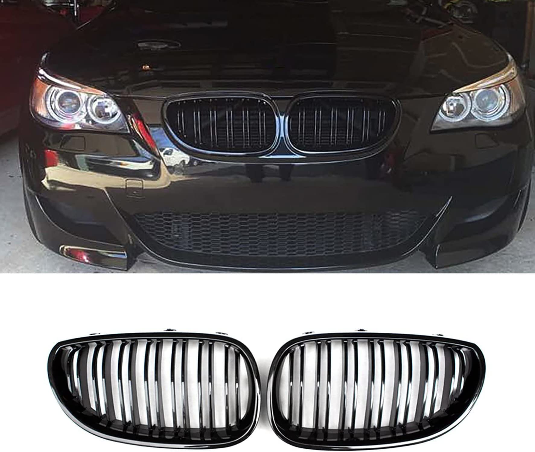 Gangying E60 Nieren Schwarz Kühlergrill Streifen passend für BMW 5er E60 E61 M5 2003–2009 E60 E61 Grill Nieren Kühlergrill Vorne(Doppellamellen glänzend schwarz) von Gangying