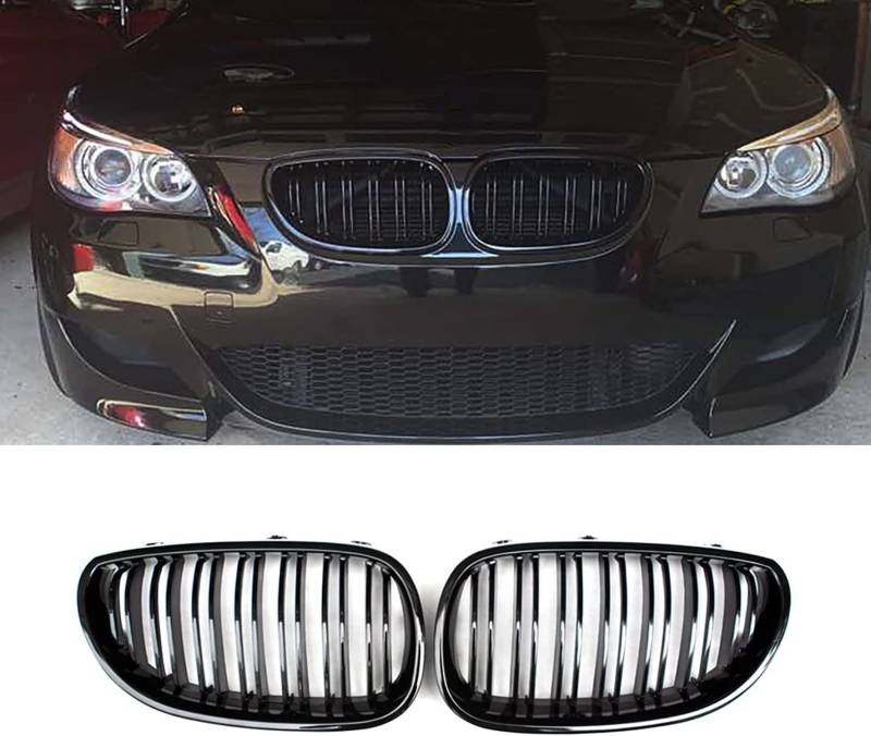 Gangying E60 Nieren Schwarz Kühlergrill Streifen passend für BMW 5er E60 E61 M5 2003–2009 E60 E61 Grill Nieren Kühlergrill Vorne(Doppellamellen glänzend schwarz) von Gangying