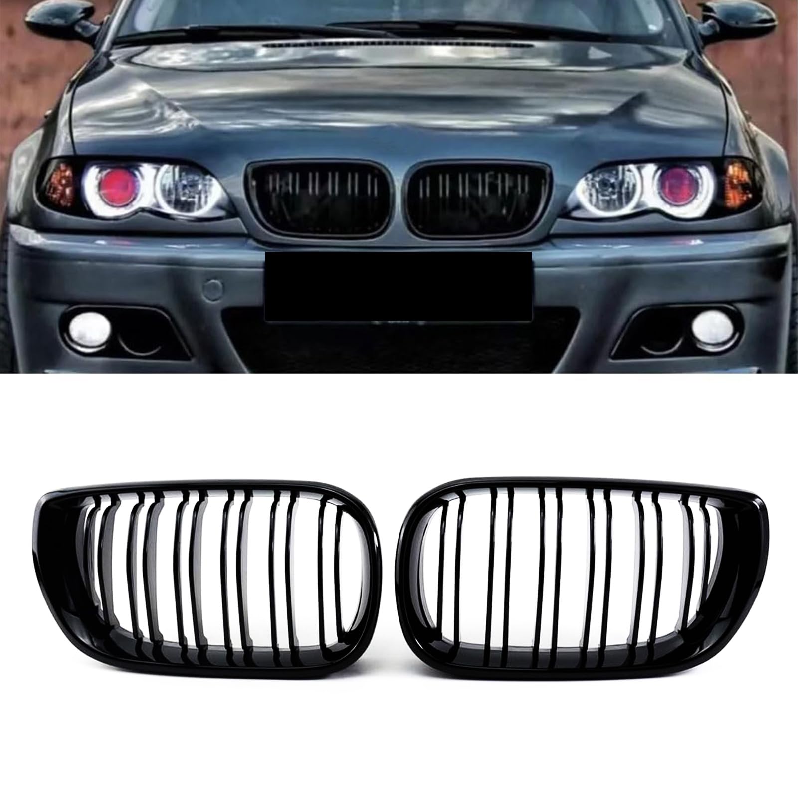 Gangying E46 Nieren Schwarz, Kühlergrill Passend für BMW 3er E46 318i 320i 325i 330i Grill 4 Door 4D 2002-2005 LCI Facelift Grill Glanz Schwarz Doppelsteg Sport Kühlergrill von Gangying