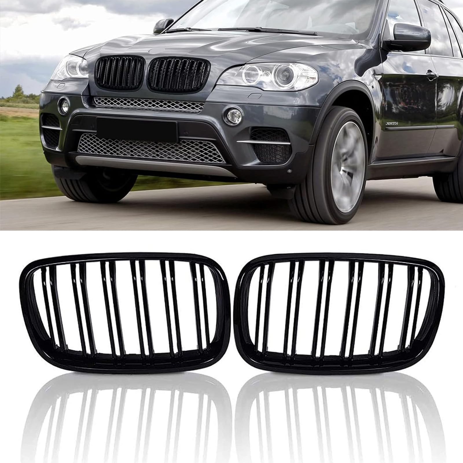 Gangying E70 Schwarze Nieren Kühlergrill für BMW X5 X6 E70 E71 Nieren Doppelsteg Sport Kühlergrill Glanz Schwarz E71 Kühlergrill Vorne 2007-2013 von Gangying