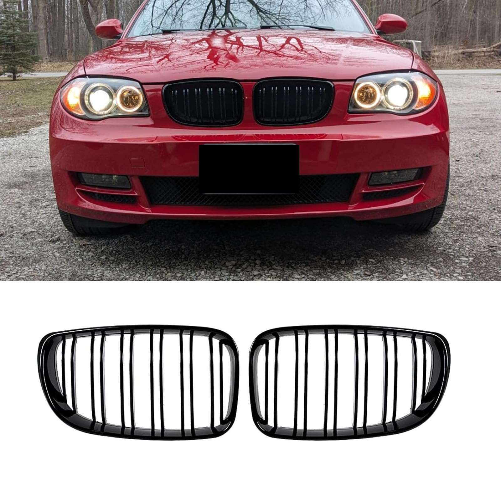 Gangying E81 E82 Nieren Schwarz Kühlergrill Streifen E87 Kühlergrill für BMW 1er E81 E82 E87 E88 E88 LCI Facelift Nieren Schwarz E81 E82 Grill Glanz Schwarz Doppelsteg Sport Kühlergrill 2008-2011 von Gangying