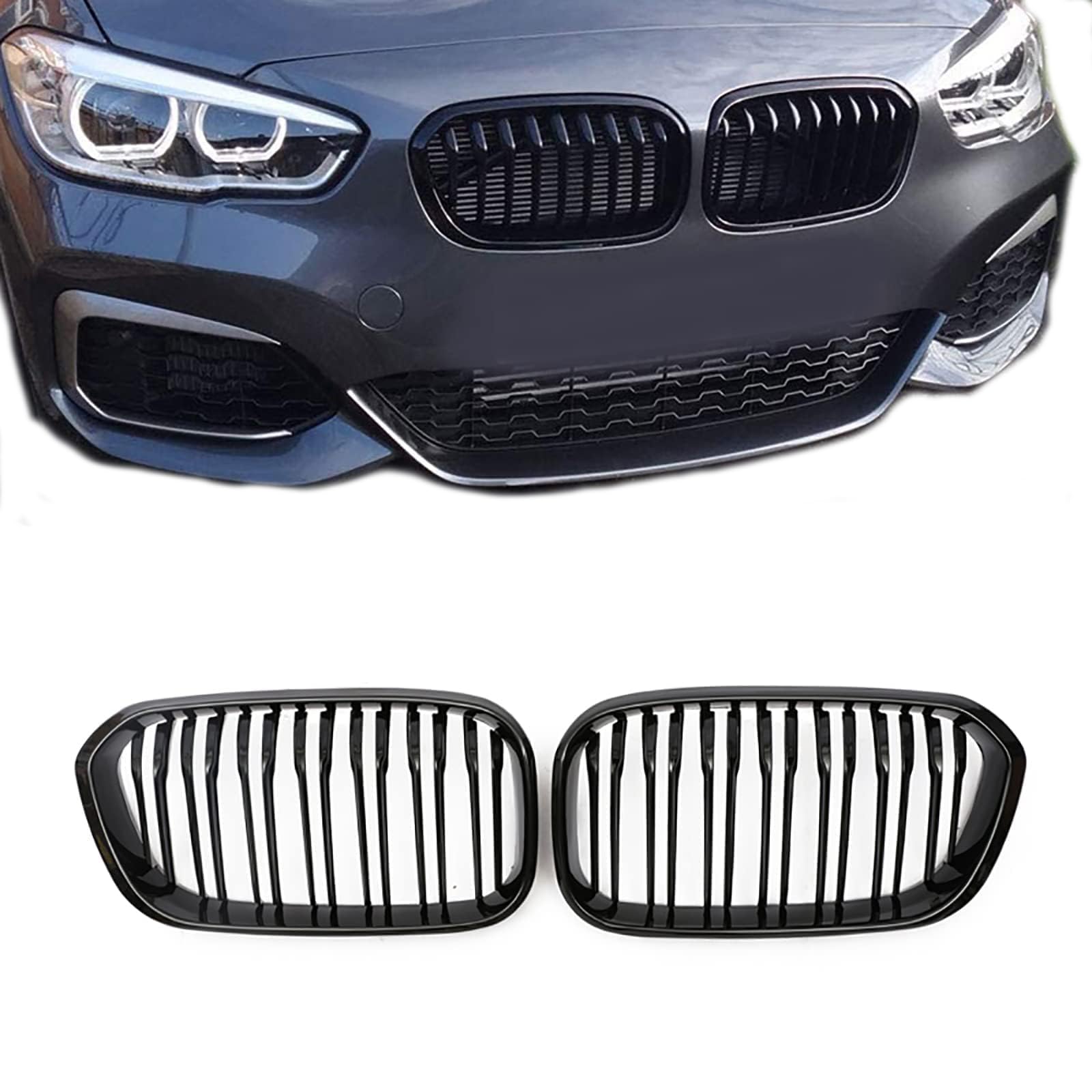 Gangying F20 Nieren Schwarz, Kühlergrille Passend für BMW 1er F20 F21 2015 2016 2017 2018 Facelift (LCI) Doppelsteg Grill Glanz Schwarz Kühlergrill Vorne von Gangying