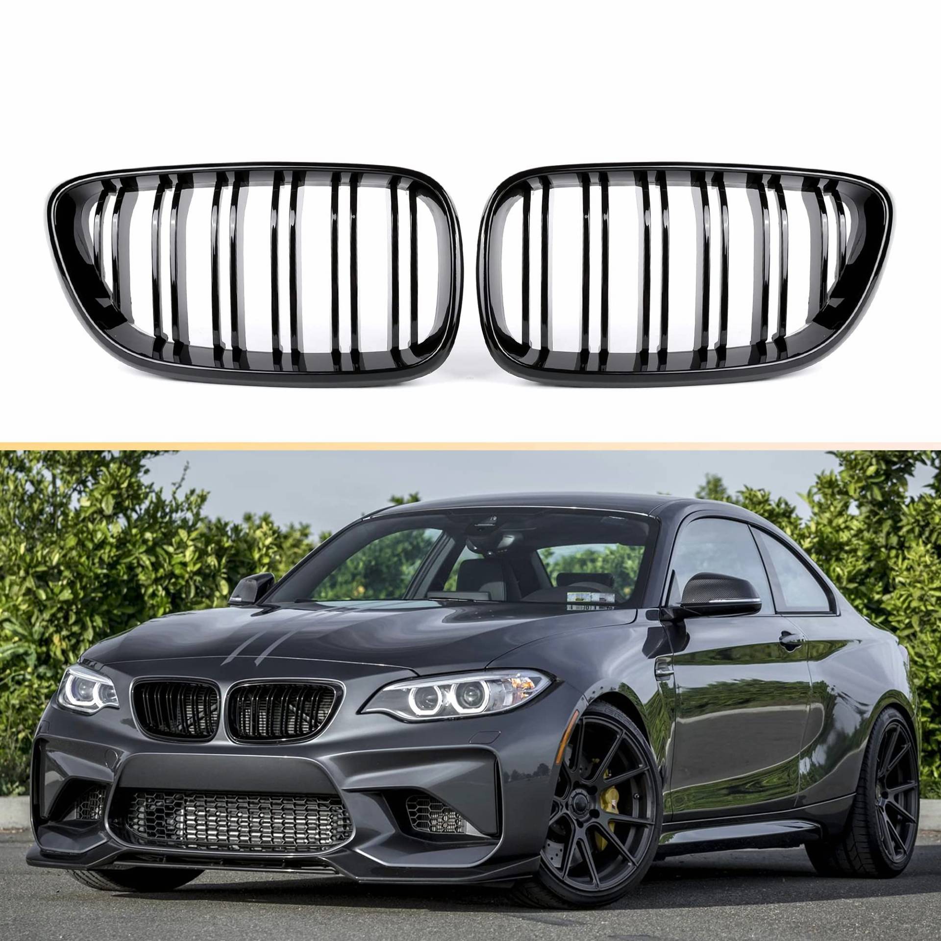 Gangying F22 F23 Nieren Schwarz Kühlergrill Streifen F22 Kühlergrill für BMW 2er F22 F23 F87 M2 Nieren Schwarz F22 F23 Grill Glanz Schwarz Doppelsteg Sport Kühlergrill 2014-2018 von Gangying