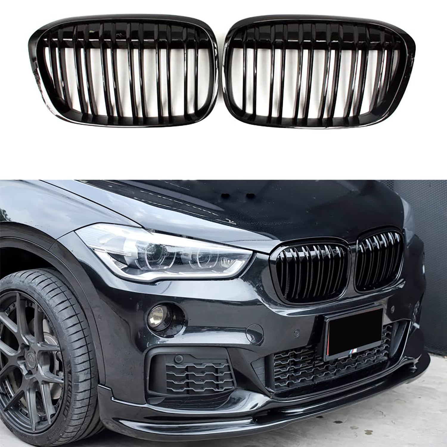 Gangying F48 Nieren Schwarz,Kühlergrille passend für BMW X1er F48 F49 2016 2017 2018 2019 Schwarzer Glanz F48 F49 Grill Kühlergrill Vorne X1 Doppelsteg Nieren von Gangying