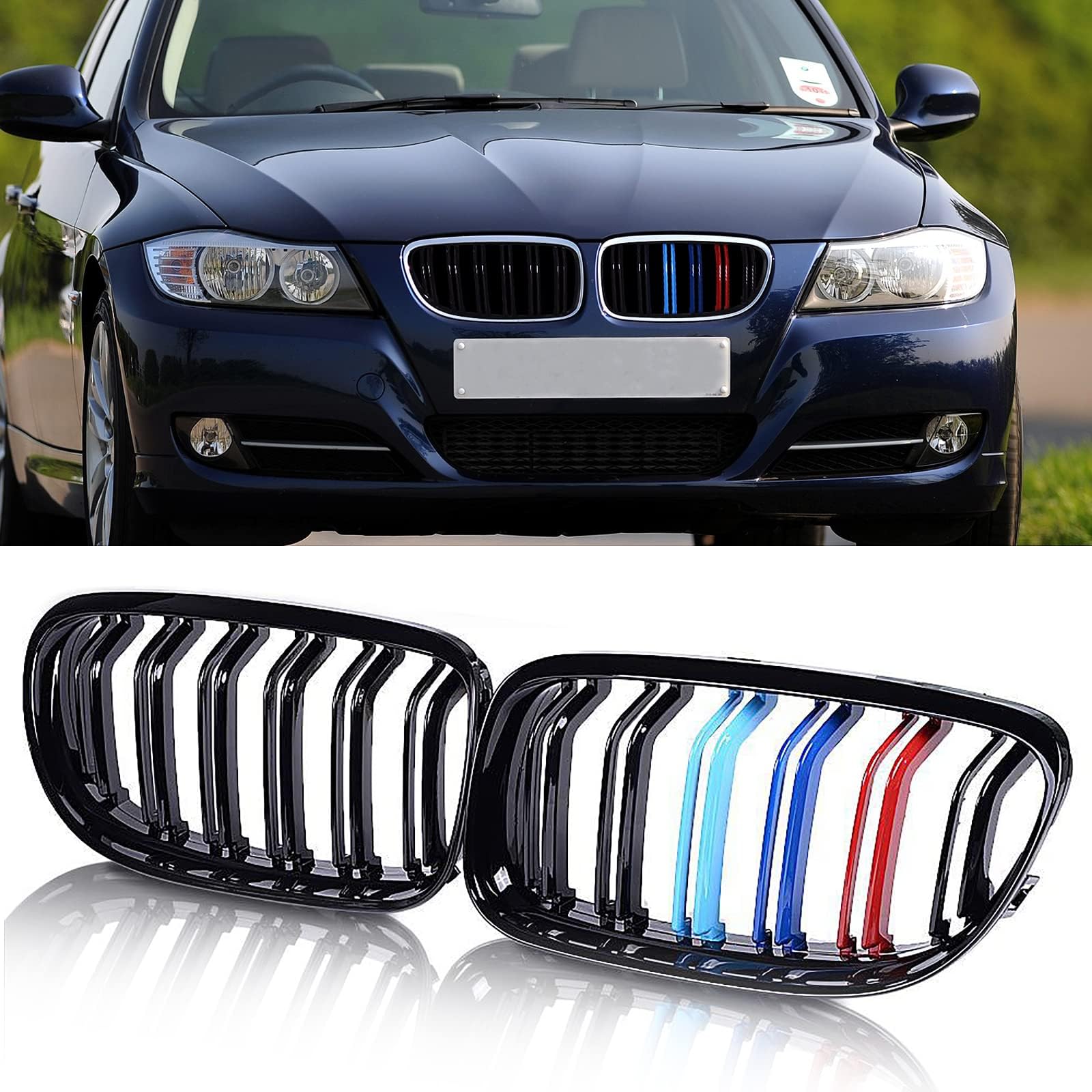 Gangying Kühlergrill Passend für BMW E90 E91 LCI Bj 2009-2012 Glanz Kühler Front Doppel Rippen Grill Glänzend Nieren Doppelsteg Schwarz von Gangying