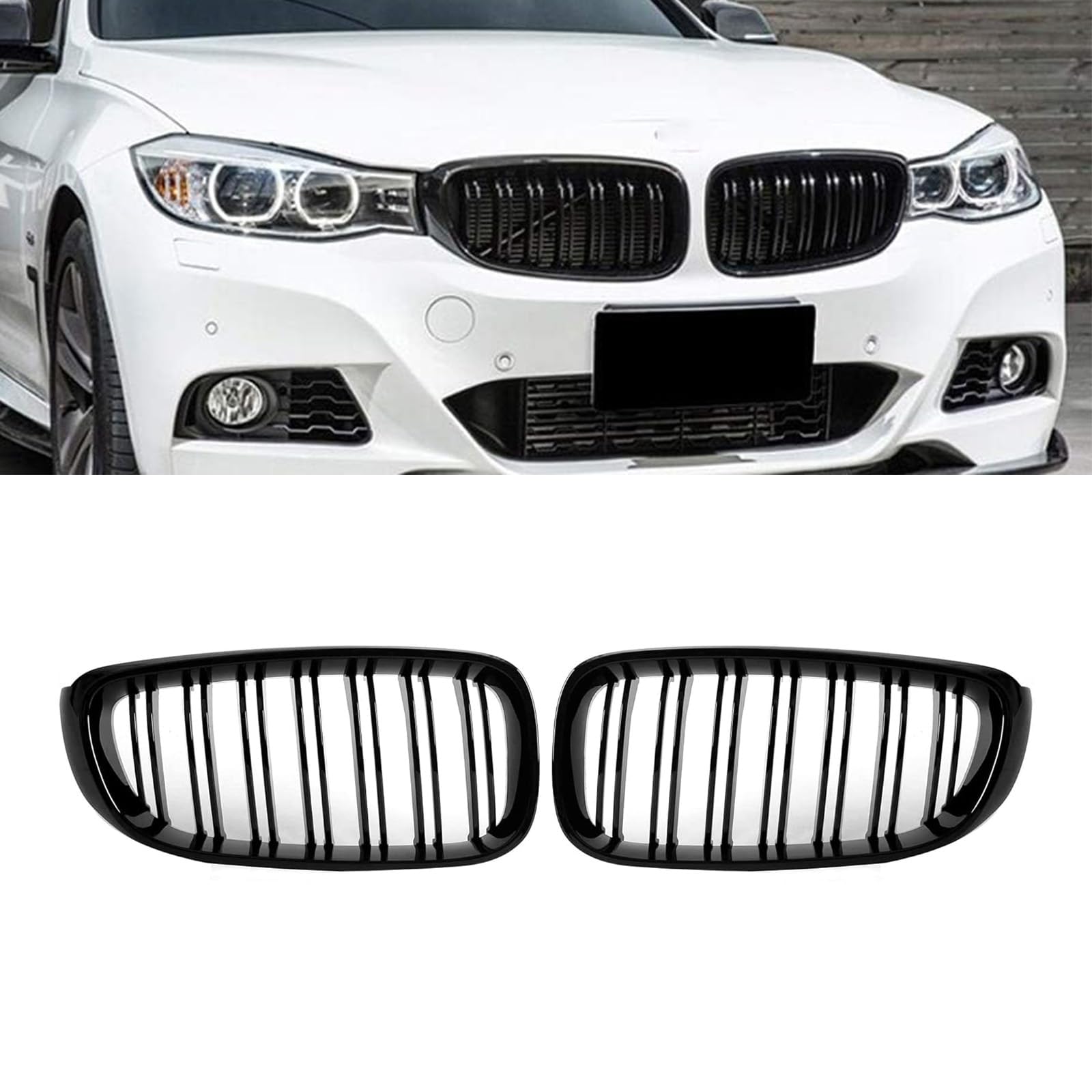 Gangying Passend für BMW 3er F34 GT F34 2013-2018 Doppelsteg Front Nieren Kühlergrill Gitter Schwarz Glanz Kühler Front Doppel Rippen Grill Links Rechts von Gangying