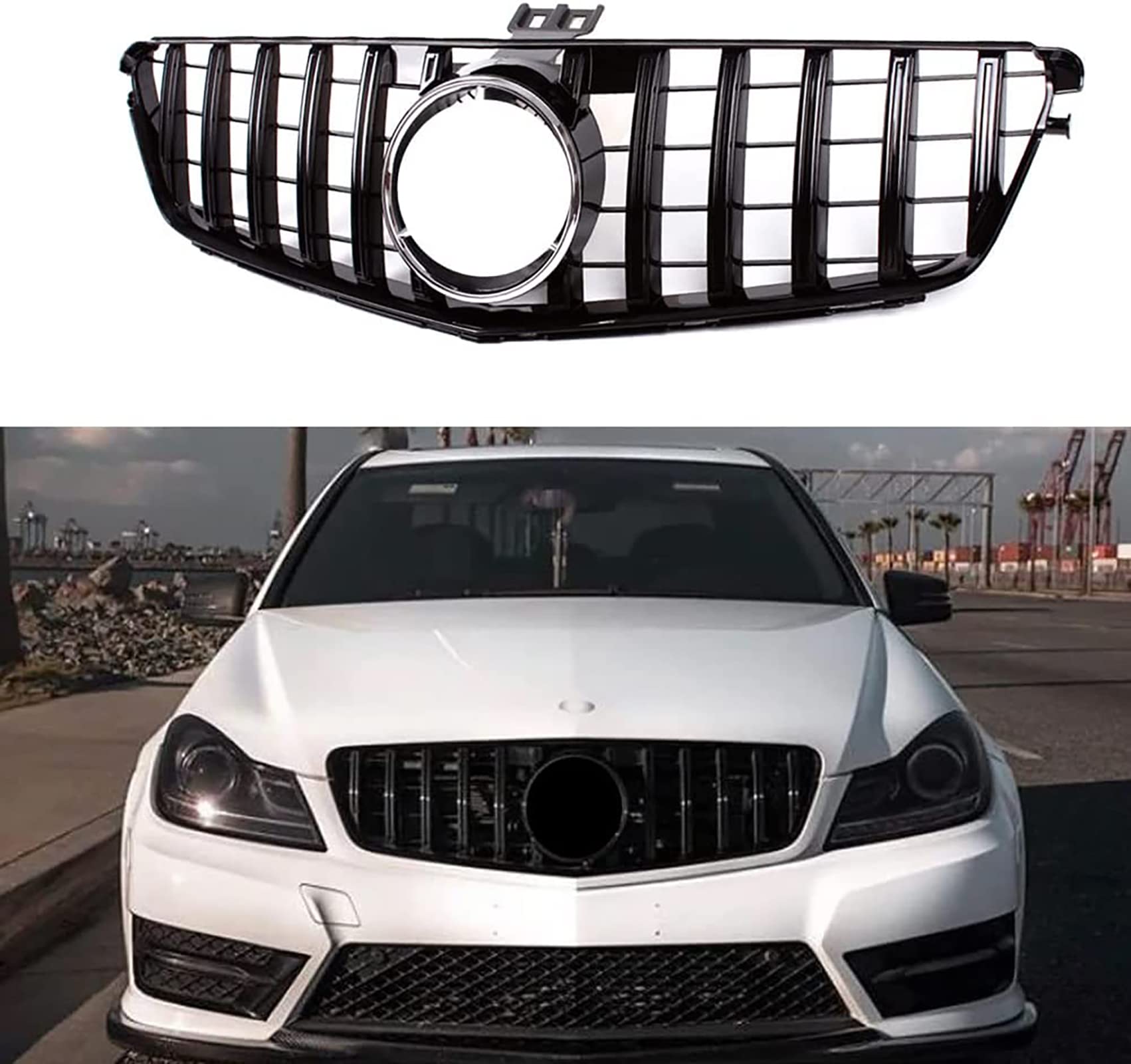 Gangying W204 Kühlergrill, GTR GT Style Frontgrill für Mercedes C-class W204 S204 C180 C200 C250 C300 C350 C400 2008-2014 Schwarz glänzend（Nicht passen C63，ohne Kamera） von Gangying